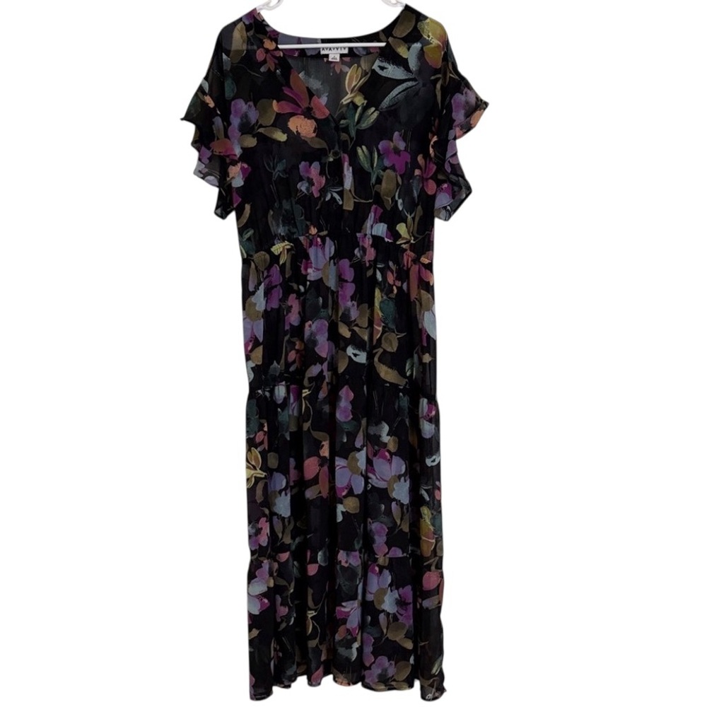 Ava and Viv Sheer Floral Black Tiered Ruffle Dress Size X